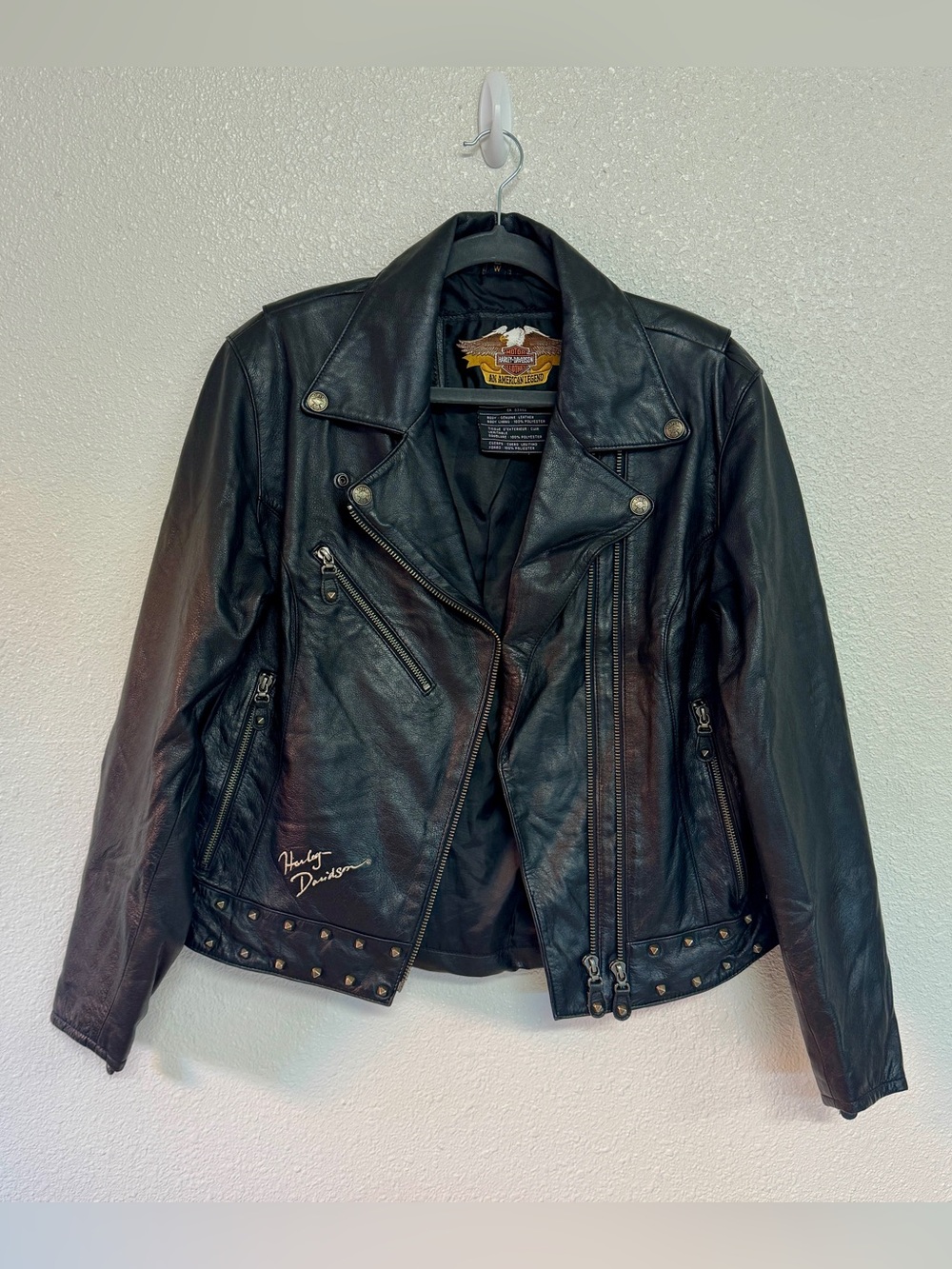 Harley Davidson Womens Large Black Studded Leather Biker Moto Jacket Blue Wings